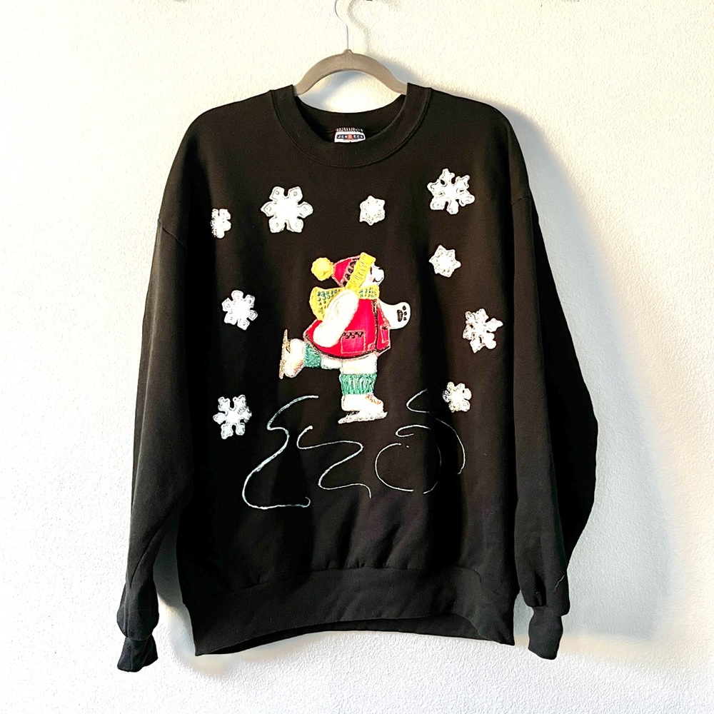 Ice Skating Bear Holiday/Christmas Sweatshirt with Sparkling Glitter Glue